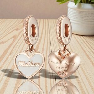 PANDORA 14K Rose Gold-Plated "MOTHER" Dangle Charm With Enamel & CZ Retired